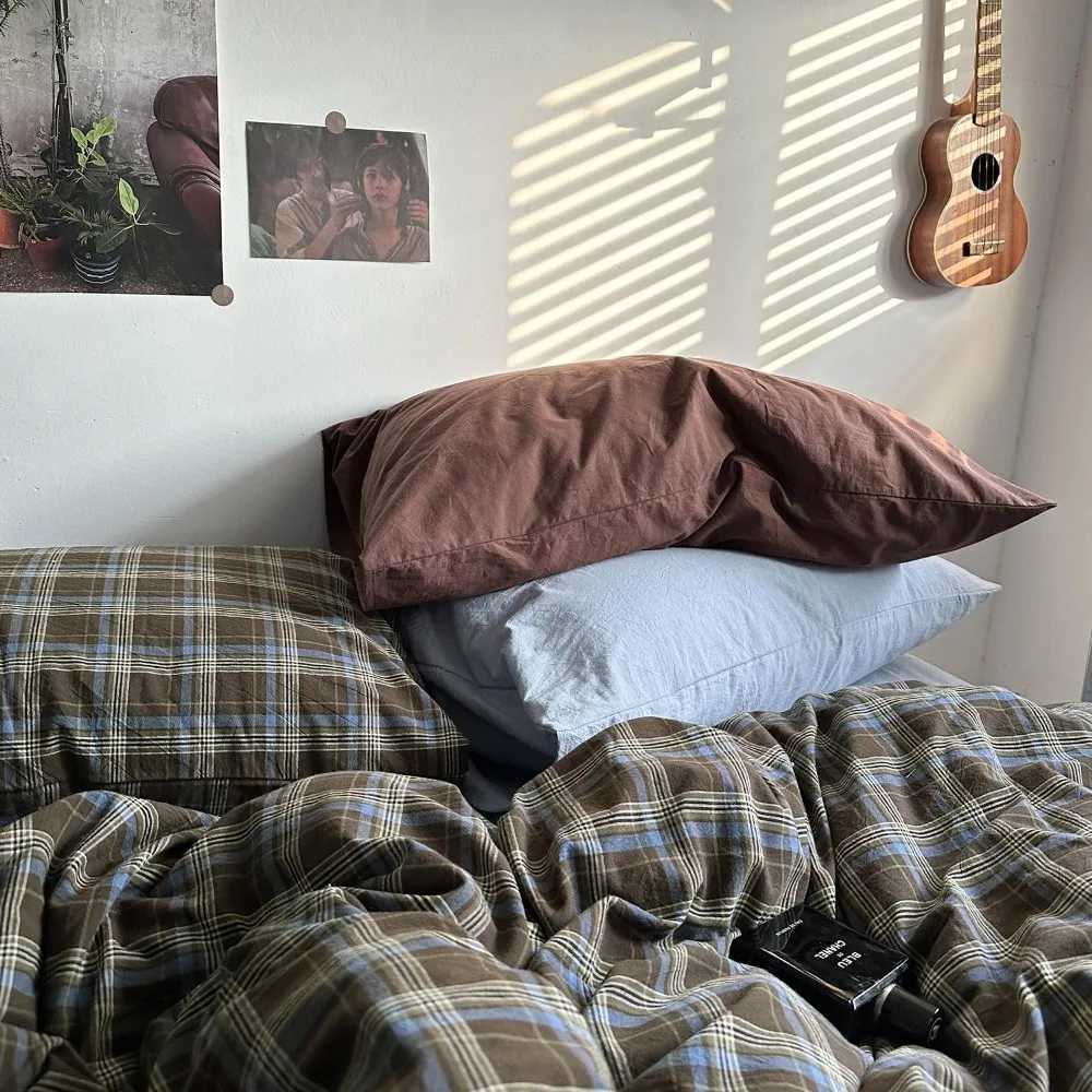Queen Size Blue Brown GreenPlaid Duvet Cover Set - 3 Piece Vintage Aesthetic Bedding Set 100 Washed Cotton MM251118