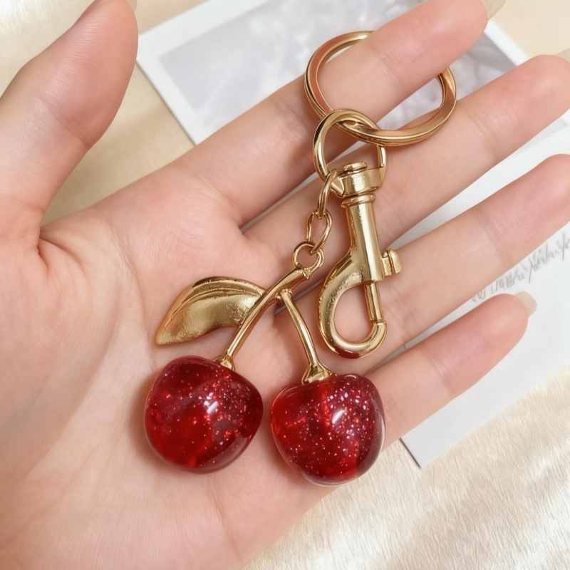 Free shipping Keychains Lanyards Creative Alloy Cherry Keychain Simulation Fruit Girl High Beauty Bag Pendant