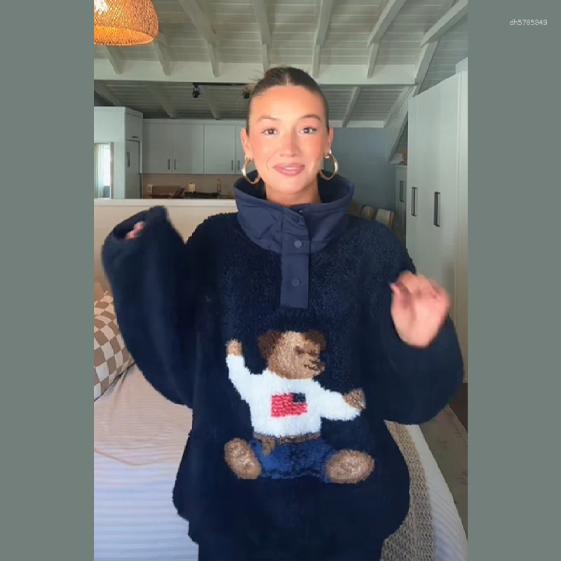 Women's Sweaters Cute Bear Pattern Sweatshirts High Collar Warm Polar Fleece Sweater Soft Blouses Tops 2025 Winter Lady Y2K Clothes