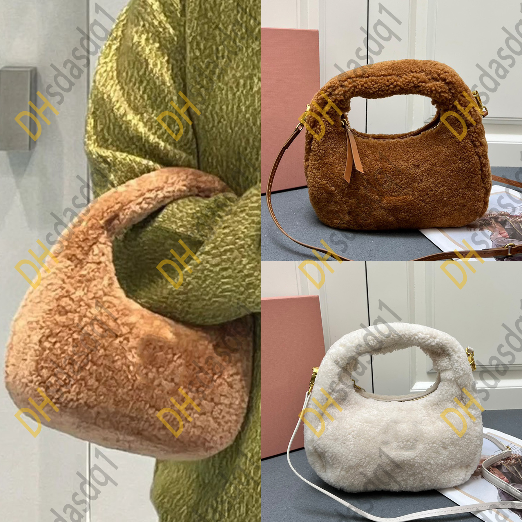 New Shearling Hobo Bag with Leather Luxury Designer Gold Hardware Zipper Closure Shoulder Bag Detachable Strap Crossbody Bag Cotton Satin Lining Clutch Bag Purse