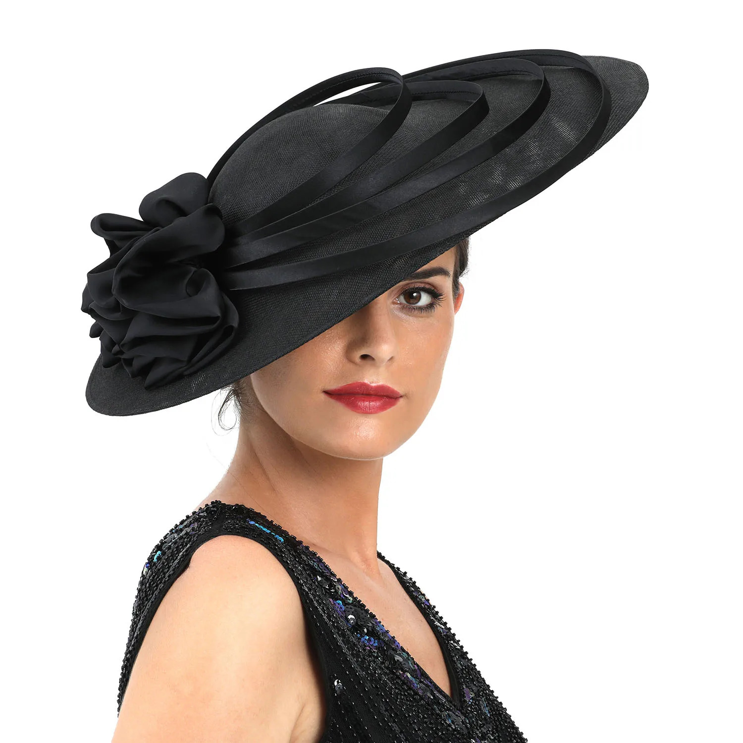 Black Large Flower Fascinator Sinamay Church Hat kentucky Hat Wedding Headband Hat Cocktail Tea Party for Women 250326