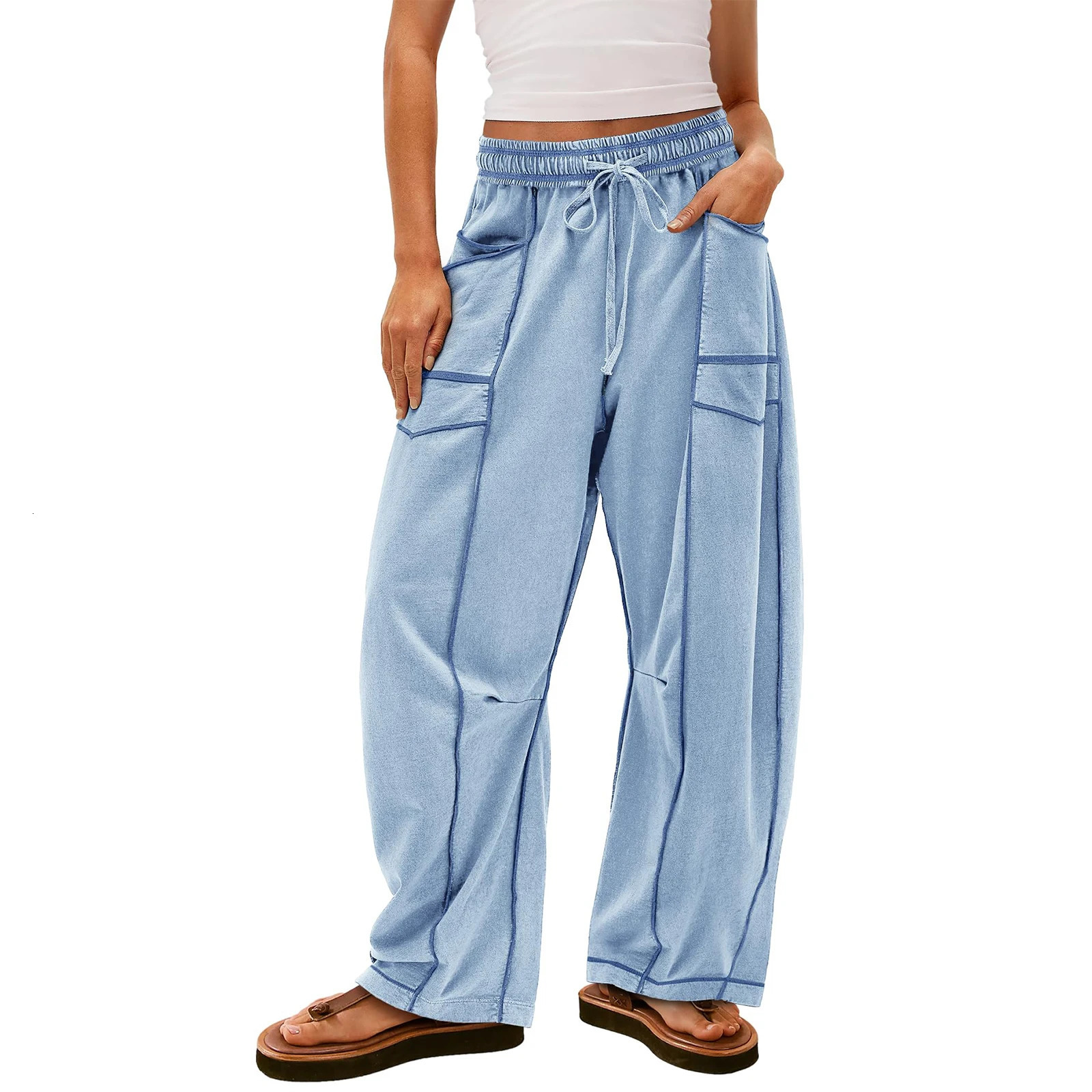 Womens Baggy Pants Fashion y2k Spring Summer Sweatpants Barrel Pants Drawstring Contrast Color Loose Wide Leg Trousers 251113BJ - view 6