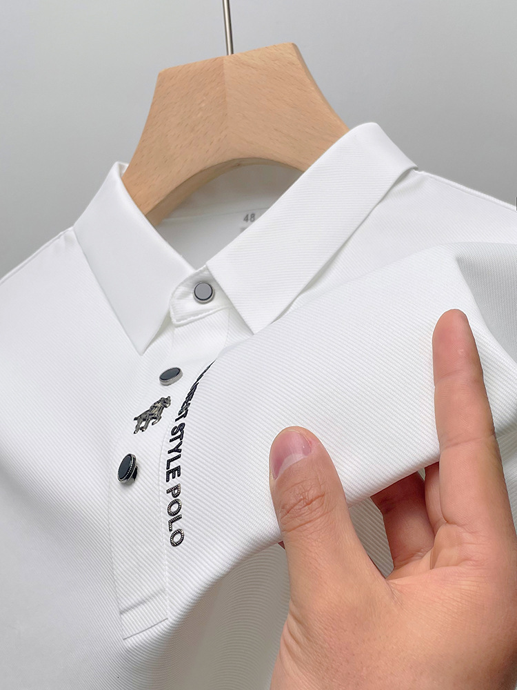 Summer Business Casual High-End Quality Short Sleeve Polo Shirt Solid Color Ice Silk Elasticity Printing Lapel Collar Clothing 240709