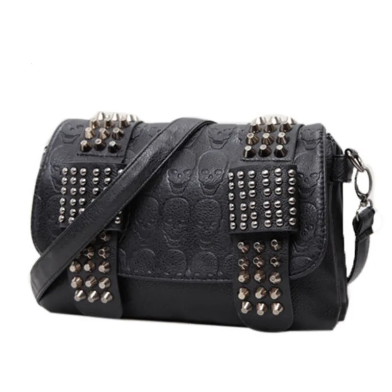 JIETOTYX Women Black Leather Messenger Bags Single Skull Rivet Shoulder Bags Sac A Main Bolsa Black Vintage Sexy Bag Lady Drop 250417