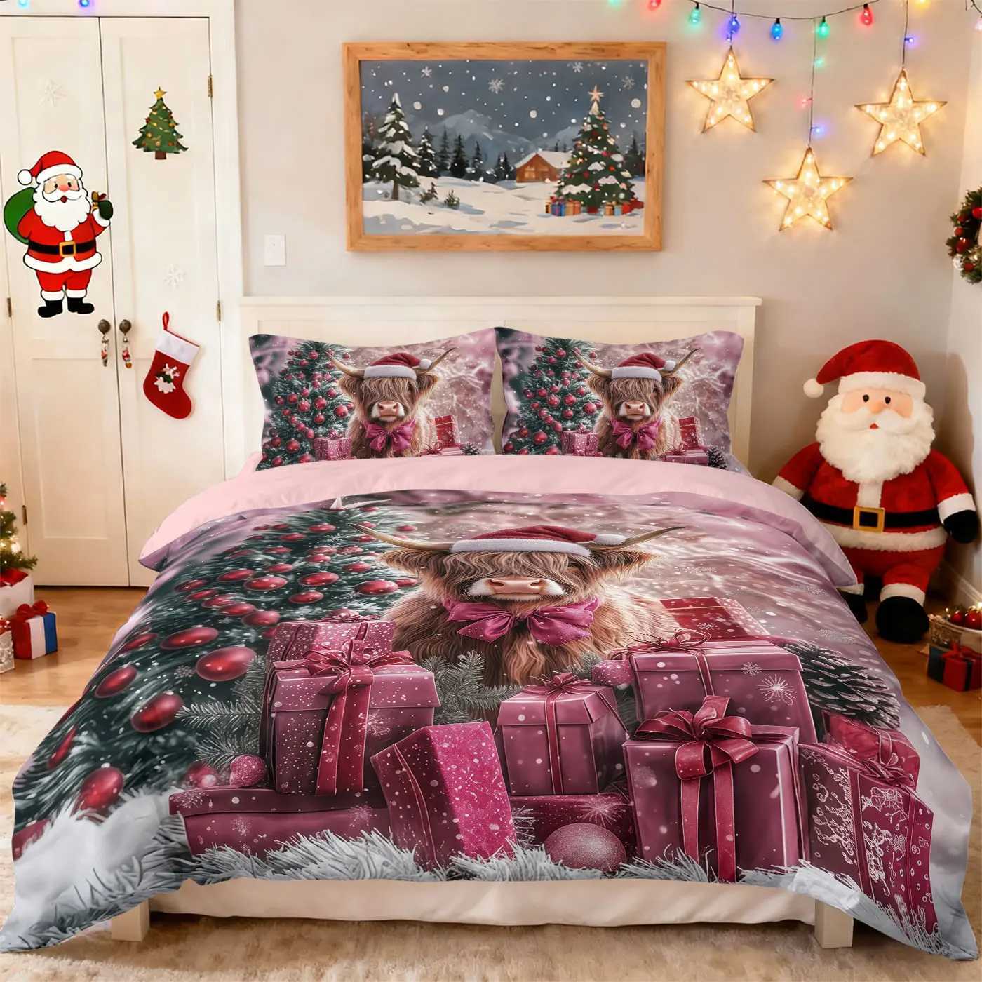 3pcs Red Christmas Highland Cow Gift Print coreless Bedding Set Soft Dormitory Bedroom Multiple Sizes Machine WashableM251118