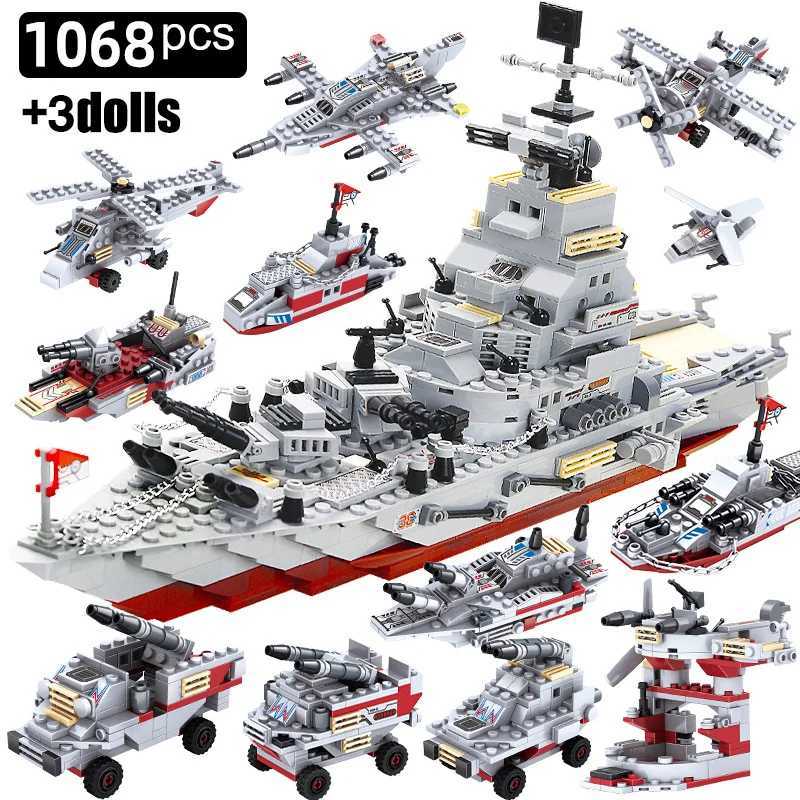 1068 PCS Military 8 IN 1 Army Ocean Cruiser Warship Building Blocks Aircraft Weapon Ship Bricks City Toys for Children C251118