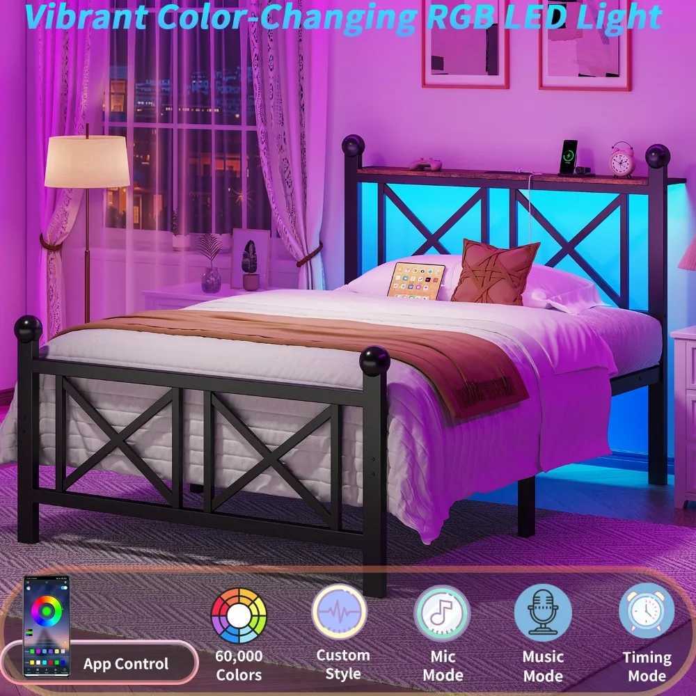 Bed Frame with LED Lights Heavy Duty Metal Bed with Headboard and Footboard Storage Shelf with Charging StationM251118