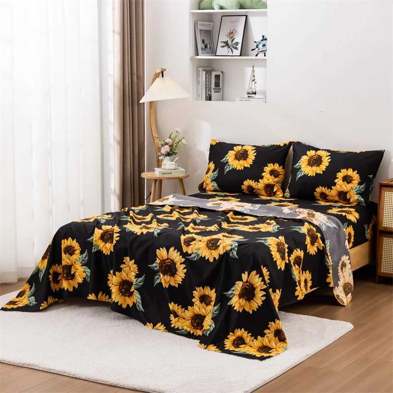 4pcsSunflowers Bed Sheet Set Floral Print Bed Sheets Yellow Flowers Pattern Sheets Sunflowers Oil Painting Sheet Set for AdultsM251118