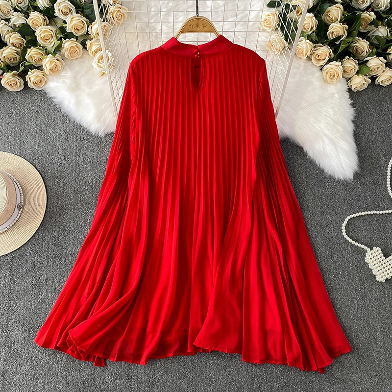 XFPV Fashionable Pleated Dress Women Casual Stand Collar Long Flare Sleeves Solid Color Big Umbrella Dresses Female 22D1140 250417