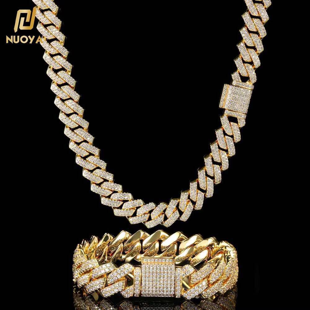 Laboratory cultivation of Moissanite Hip Hop Jewelry Wholesale 14mm Gold Plated 2 Row Diamond Iced Out Cubic Zirconia Prong Cuban Link Chain Necklace 