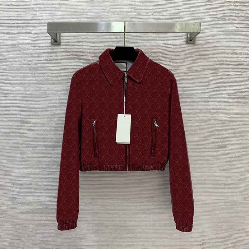 Women Full Letter Short Red Leather Jacket Luxury Imitation Sheepskin Jacket Designer Street Trendy Motorcycle Coat