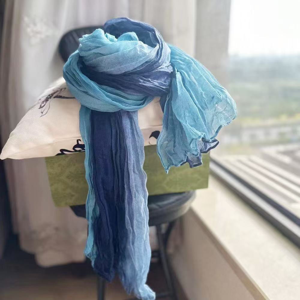 PPPP cotton and linen scarf female retro tie-dyed linen contrast color matching gradient shawl literary wrinkled light cotton neck scarf