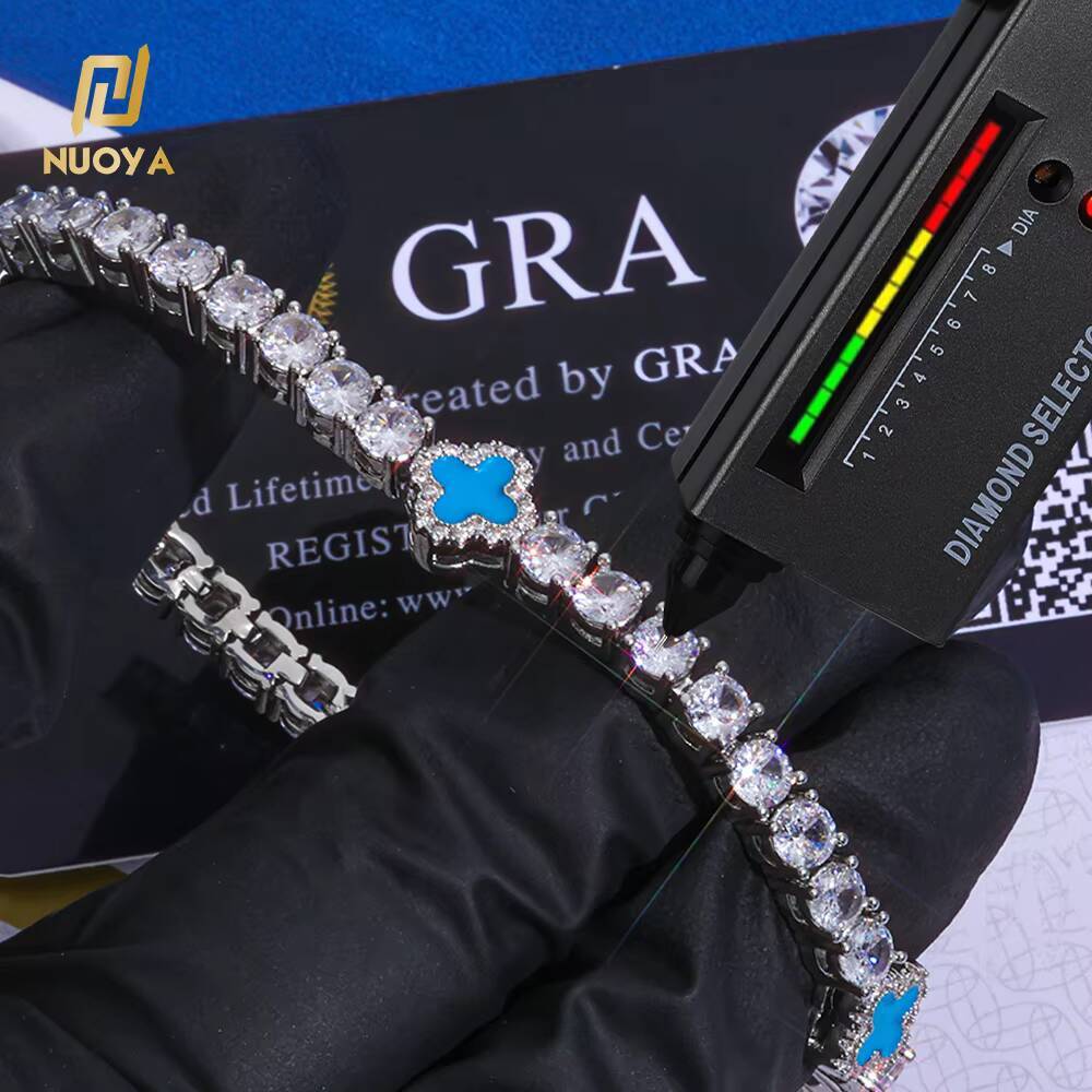 Laboratory cultivation Unisex Hip Hop Bracelet 4mm Tennis Chain 925 Silver Iced Out VVS Moissanite Multicolor Clover Leaf Fine Jewelry