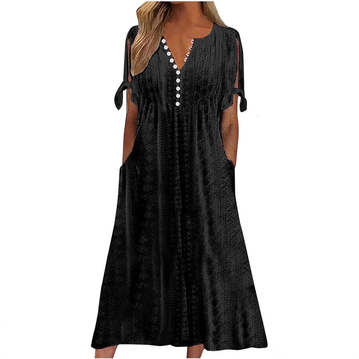 2025 Summer Womens Mid Length Dress With Sexy Holes Hollowed Out Lace Up V-neck Pleated Edges Fashionable Patchwork Dress 250417