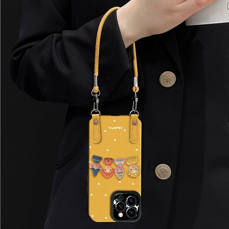Dopamine Doll Phone Case Compatible with iPhone 17/16 Pro Max Crossbody Strap Handheld Leather Full Coverage Protective Case for Women