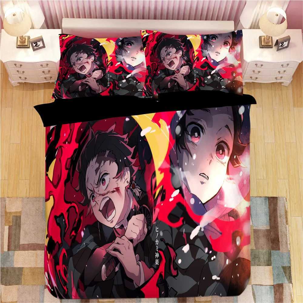 Demon Slayer Bedding Sets Cartoon Comforter Bed Linen Boys Kids Single Double Size Soft Bedclothes Home Decor Anime Duvet CoversM251118