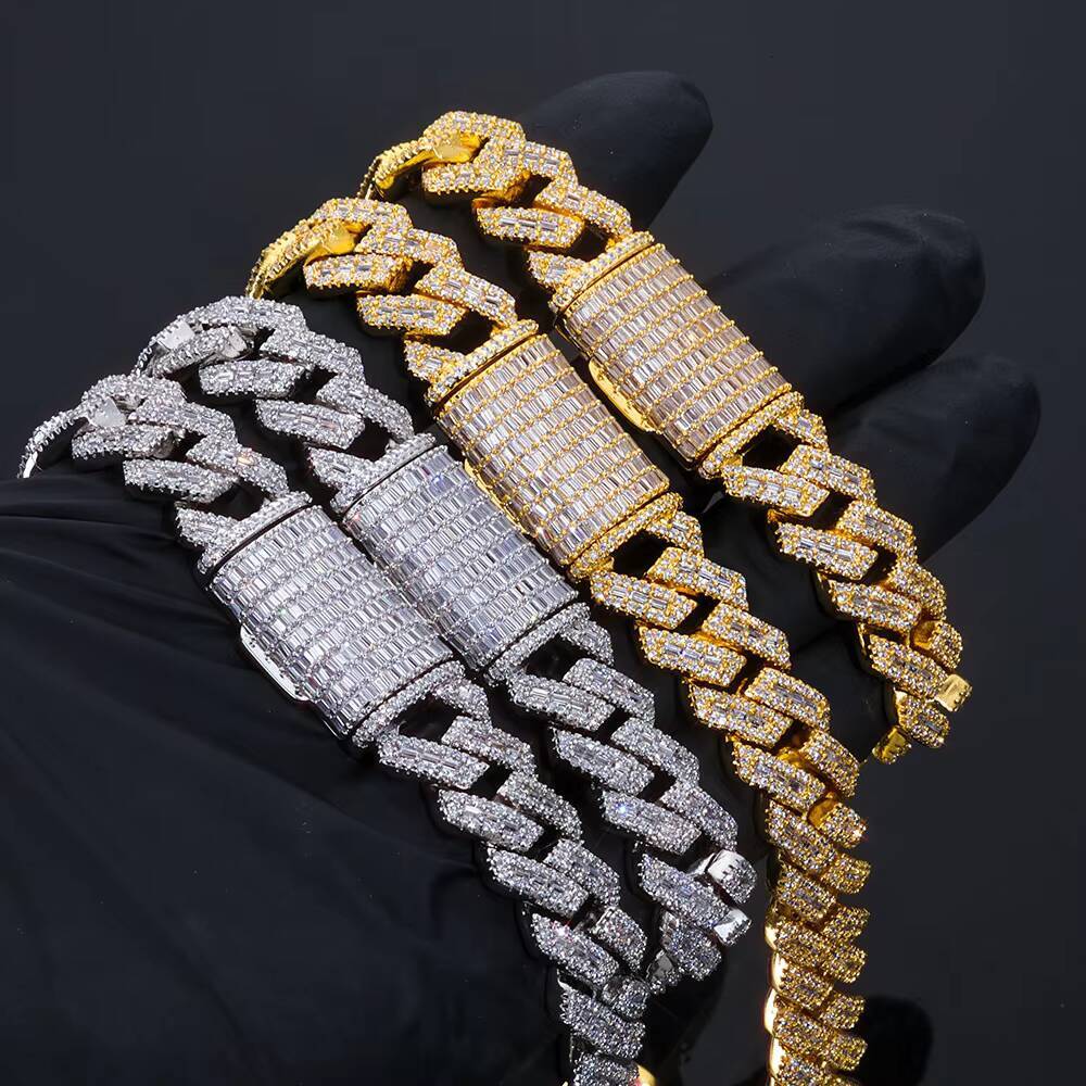 Laboratory cultivation 14mm Cuban Link Chain Shiny Mixed Inlay Baguette VVS Moissanite 925 Silver Iced Out Hip Hop Necklace