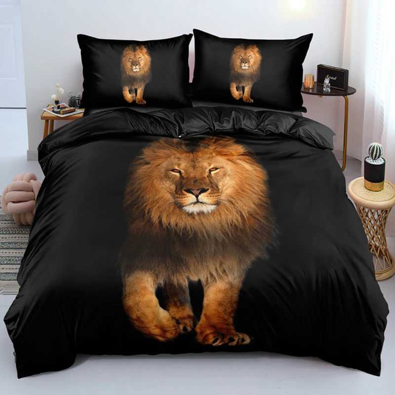 Lion Tiger King Queen Duvet Cover Lovely Wild Animals Bedding Set For Kids Teens Adults Wildlife Grey Black 2/3pcs Quilt CoverM251118