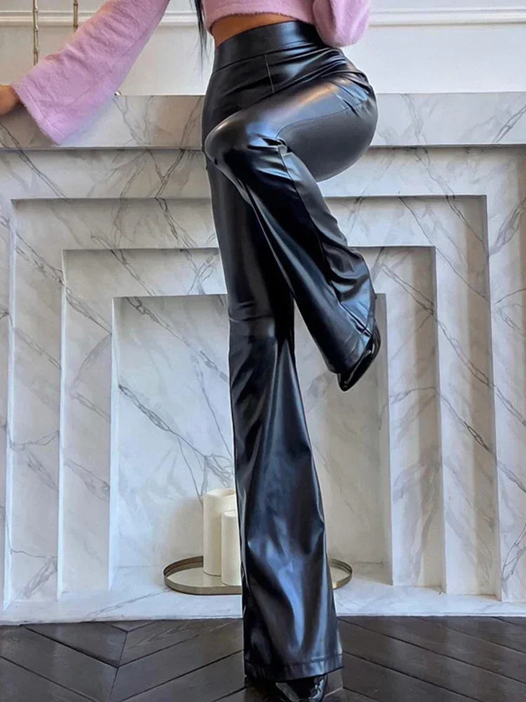 Red Shiny PU Faux Leather Flare Pants Women Autumn Spring Fashion Slim Sexy High Waist Casual Trousers Female Y2K Leggings Z260314