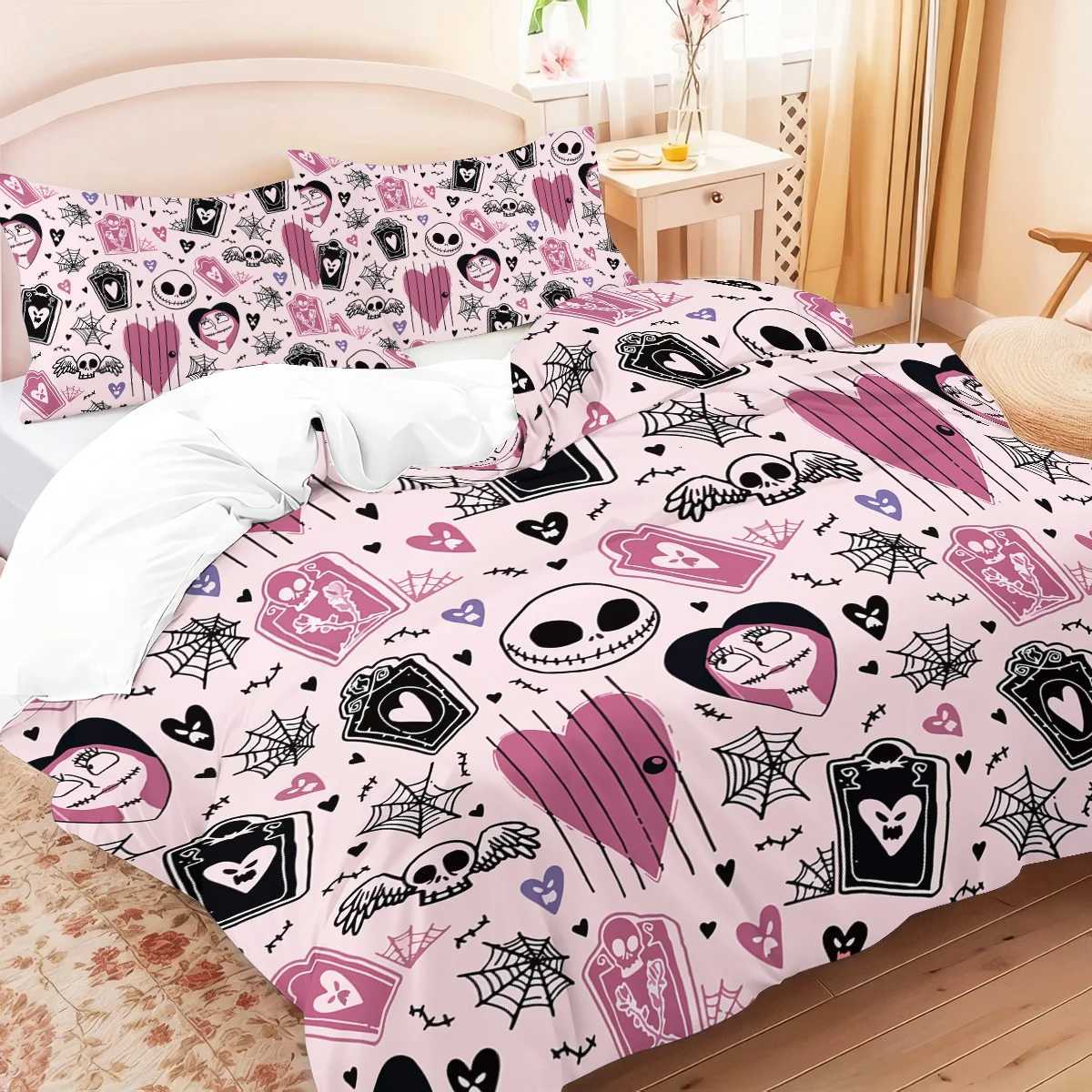 3-piece Halloween themed pink cute skull and heart-shaped pattern duvet cover set 1 duvet cover2 cases corelessM251118