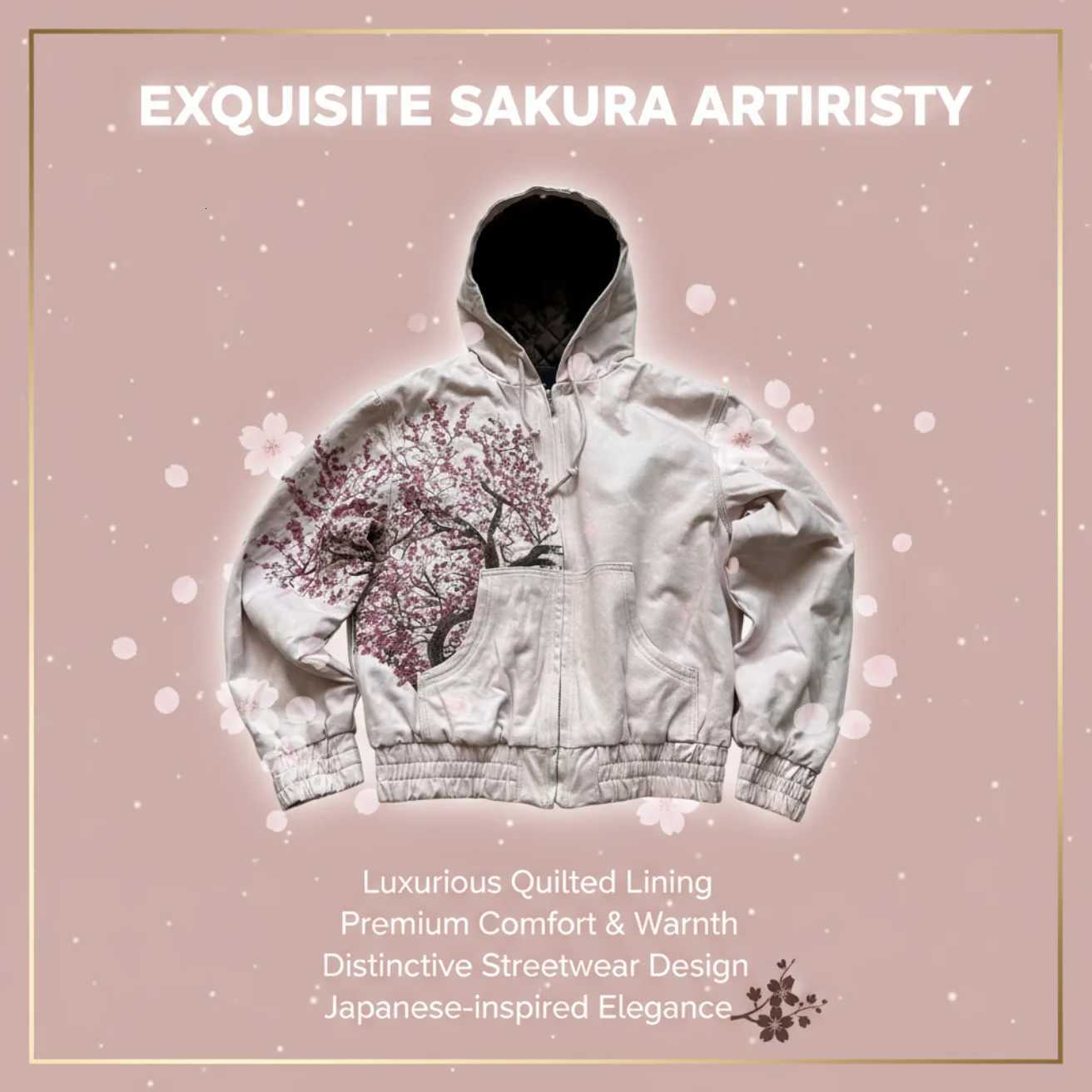 Fashion Cherry Blossom Hooded Jacket Women Man Quilted Lining Pink Zip Up Streetwear Japanese Sakura Print Casual Coat Fashion X251118