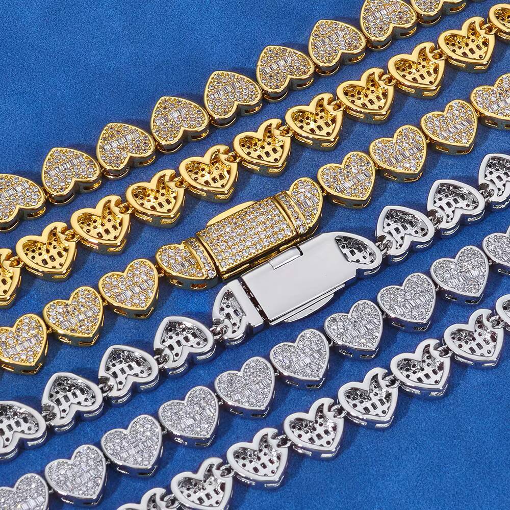 NUOYA 8mm Mixed Inlay Iced Out Baguette Heart Tennis Chain 925 Silver VVS Moissanite Necklace Hip Hop Womens Fine Jewelry