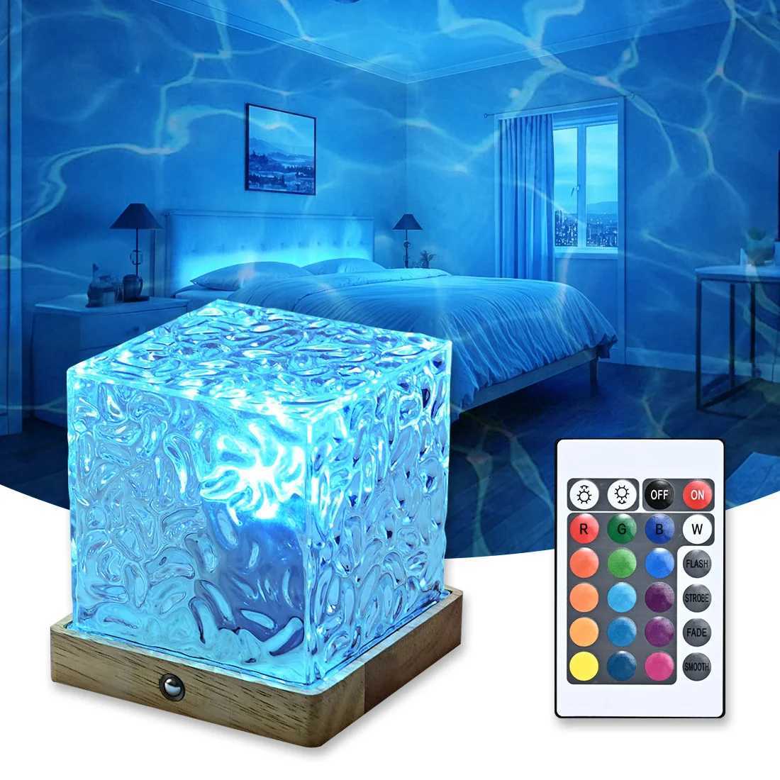 Rotating Water Ripple Table Lamp USB Aurora Night Light Remote Control 16 Colors Change Ocean Wave Cube Desk Light Bedroom Decor M251118