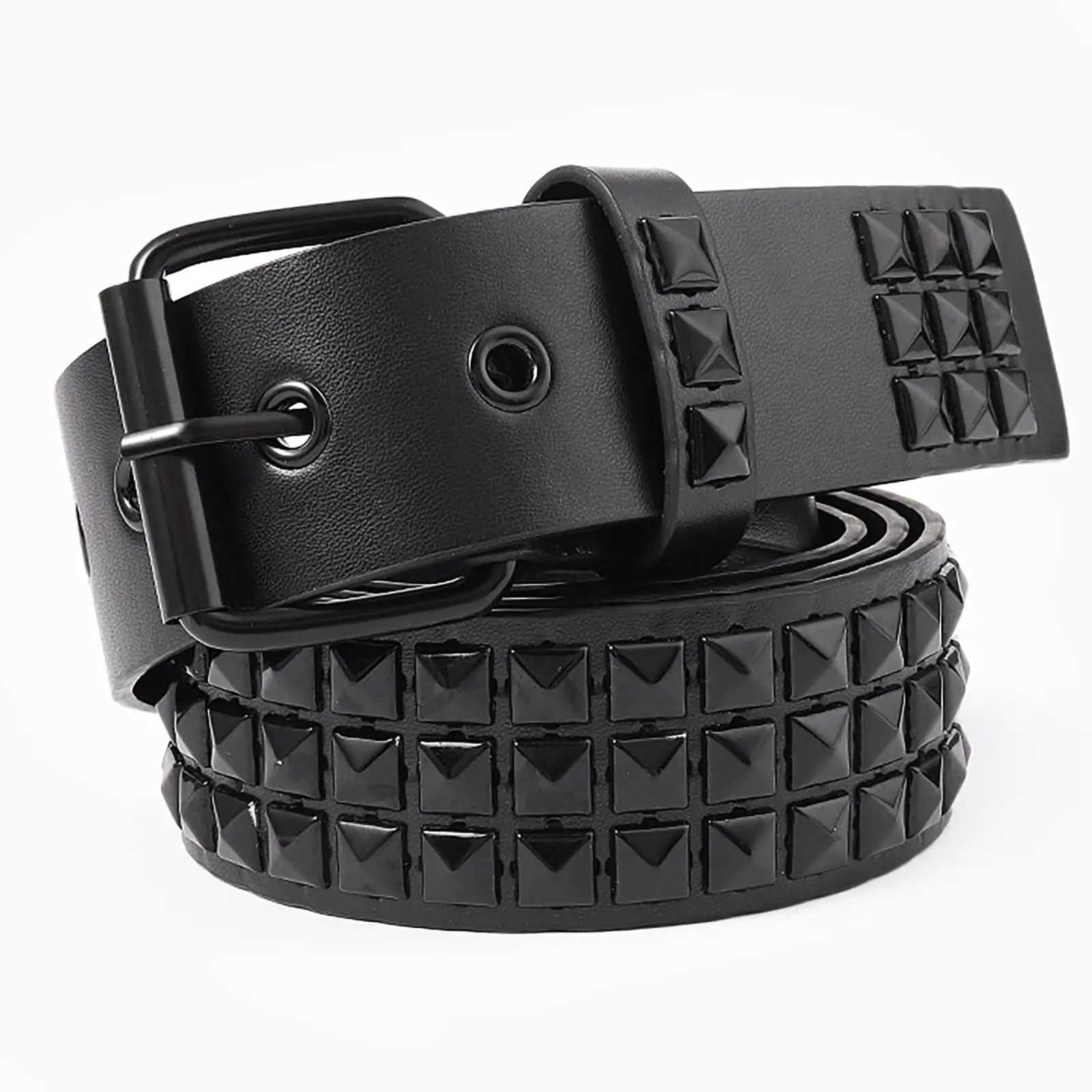 Black Three-Row Rivets Punk Style Fashionable Belt for Men and Women Rock Metal Belt W251118