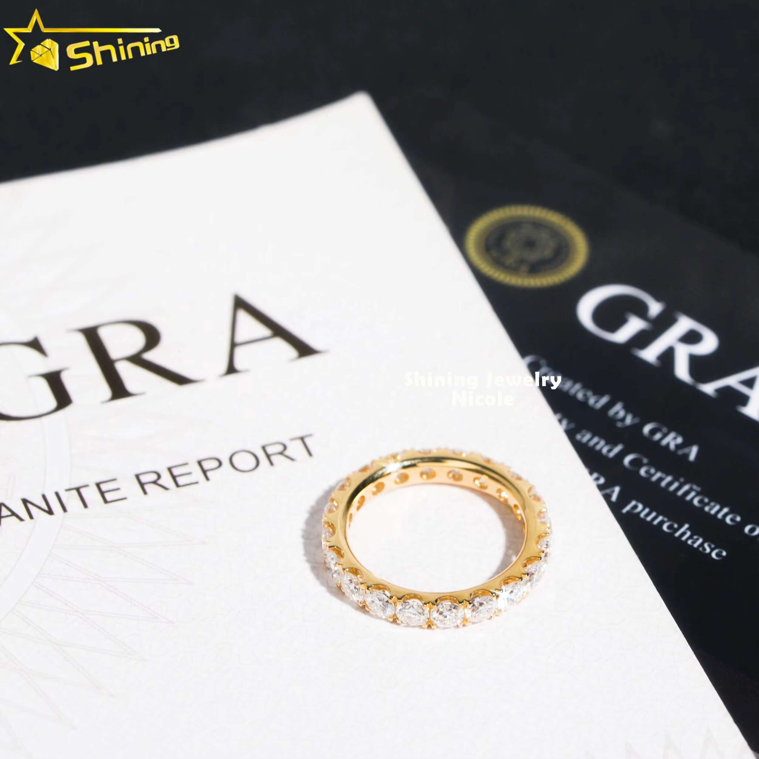 Hot Sale Pass Tester 3MM Eternity Band Solid Yellow Gold Engagement Moissanite Dia Ring