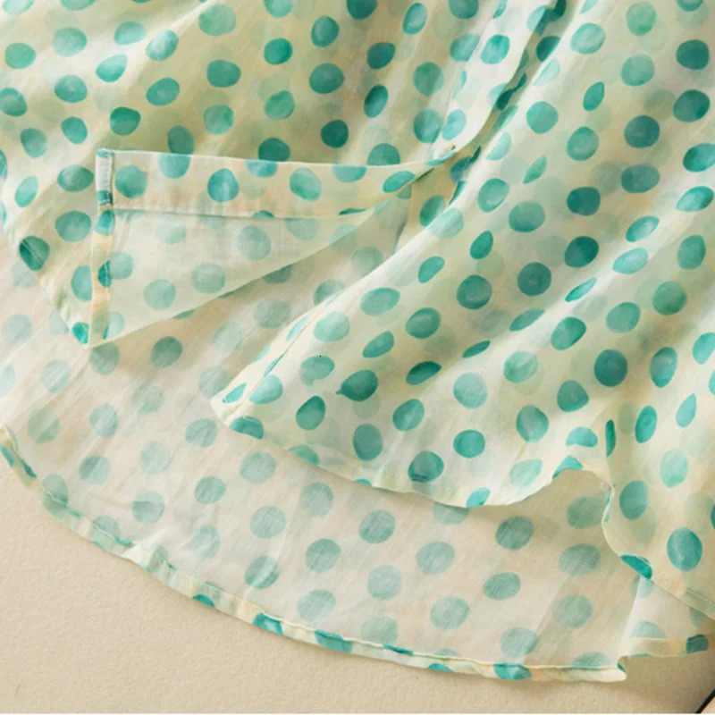 Polka Dot Printing Casual Linen Polo-Neck Short Sleeve Single Breasted Womens Blouse Shirt Female Clothing Tops Spring 250417