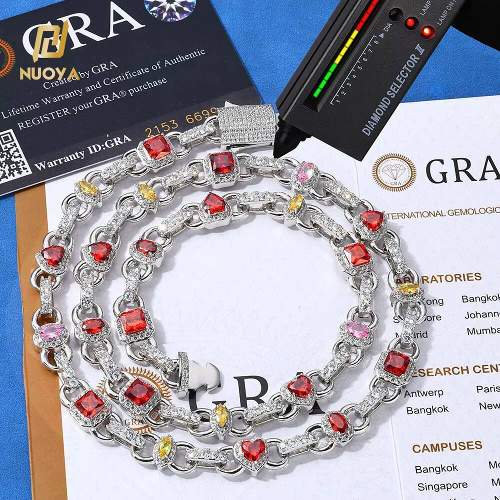 NUOYA Hip Hop New Style Link Chain 925 Silver VVS Moissanite Necklace 10MM Geometric Shape Design Red Zircon Women Jewelry