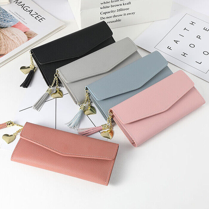 Women's Long Envelope Style Wallet Trifold Multi-card Slot Tassel Decor Purse With Heart-shaped Pendant Card Slots Zipper Cash Pocket