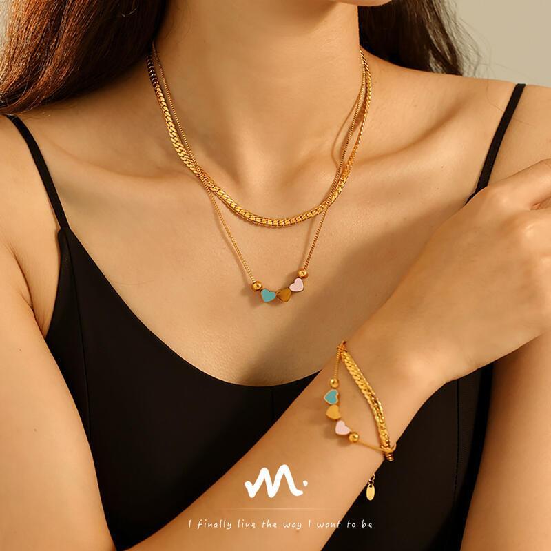Hot selg color dripping oil heart double-layer necklace bracelet, niche light stainless steel set accessories ddmythur