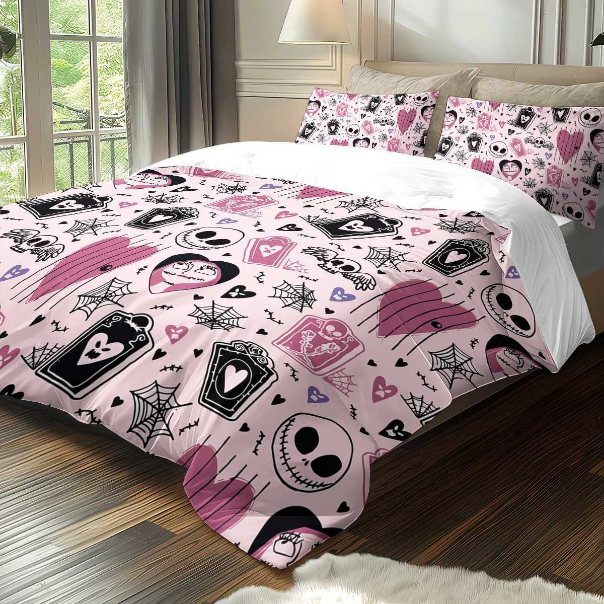 3-piece Halloween themed pink cute skull and heart-shaped pattern duvet cover set 1 duvet cover2 cases corelessM251118