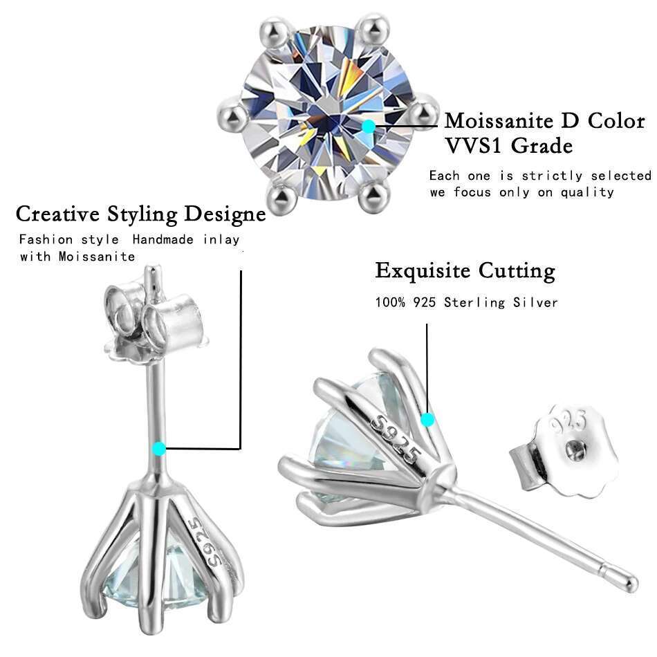 URMYLADY 1ct Moissanite Earrings for Women Wedding Fine Jewelry with GRA s Sterg Sliver Plated White Gold Stud Earring