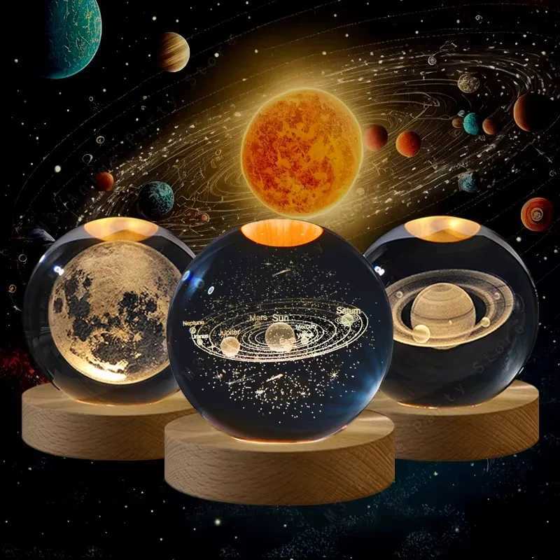 6cm 3D Solar System Crystal Ball LED Night Light USB Saturn Planet Glass Sphere Atmosphere Lamp for Bedroom Kids Gift Home Decor M251118