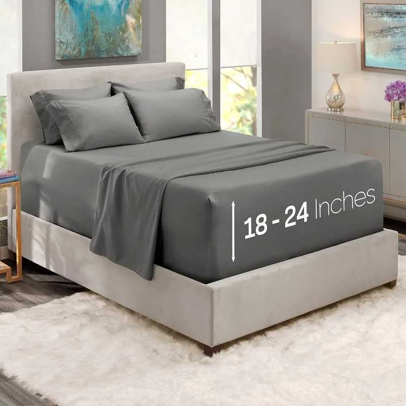 Extra Deep Pocket King Size Sheets Sets - Fits Mattress 18-24 Inches 6 Piece - Grey SheetsM251118