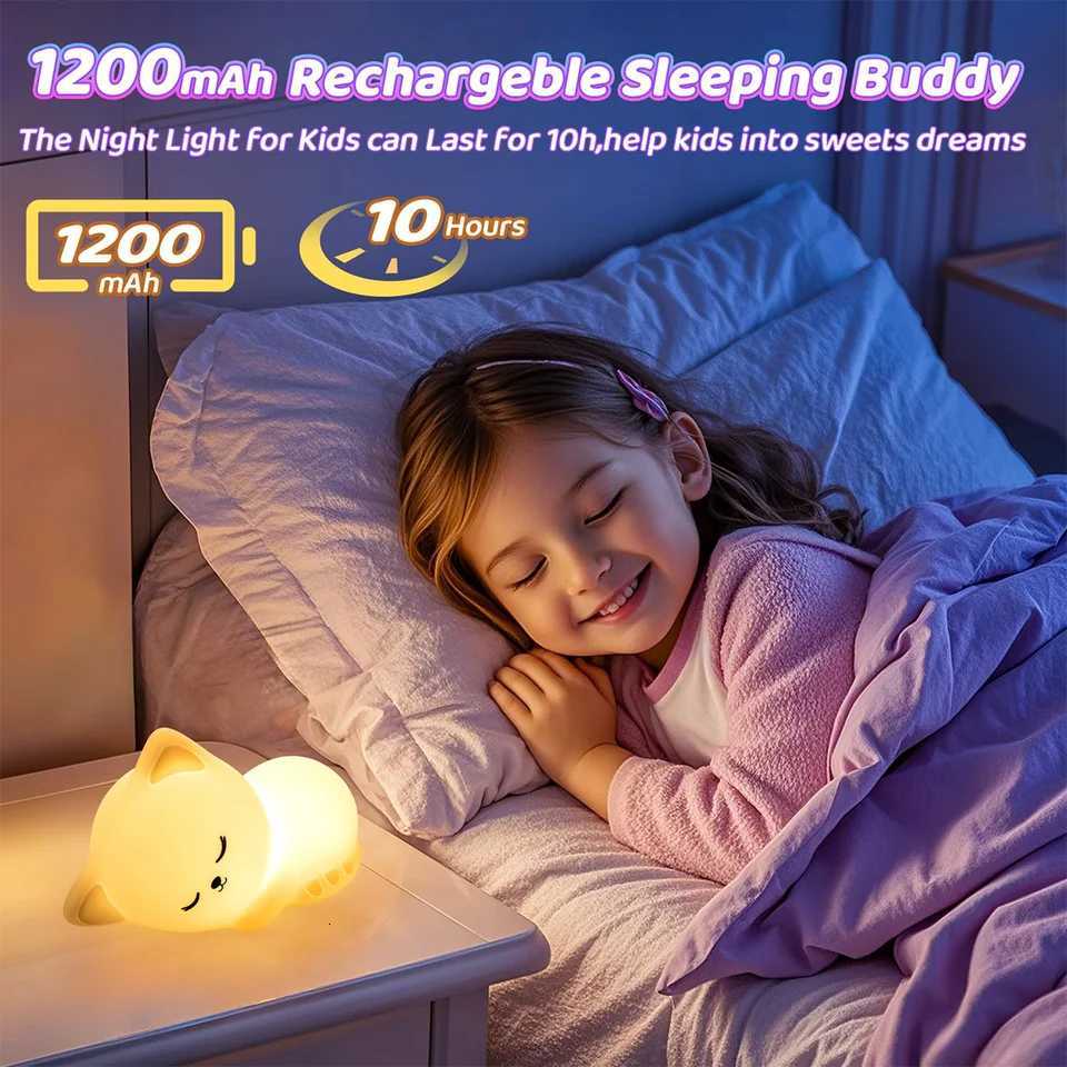 Soft Kitten Night Light Bedside Led For Bedroom Silicone Animal Lamp Room Decor Cartoon Decorative Table Lights Cat Rechargeable M251118