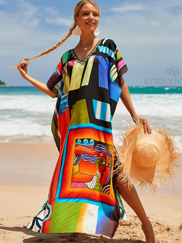2023 Multi Color Kraft Tan Bohemian Printed Vneck Batwing Sleeve Street Dress Long Beach Swimsuit Cover Q1342 250415Z