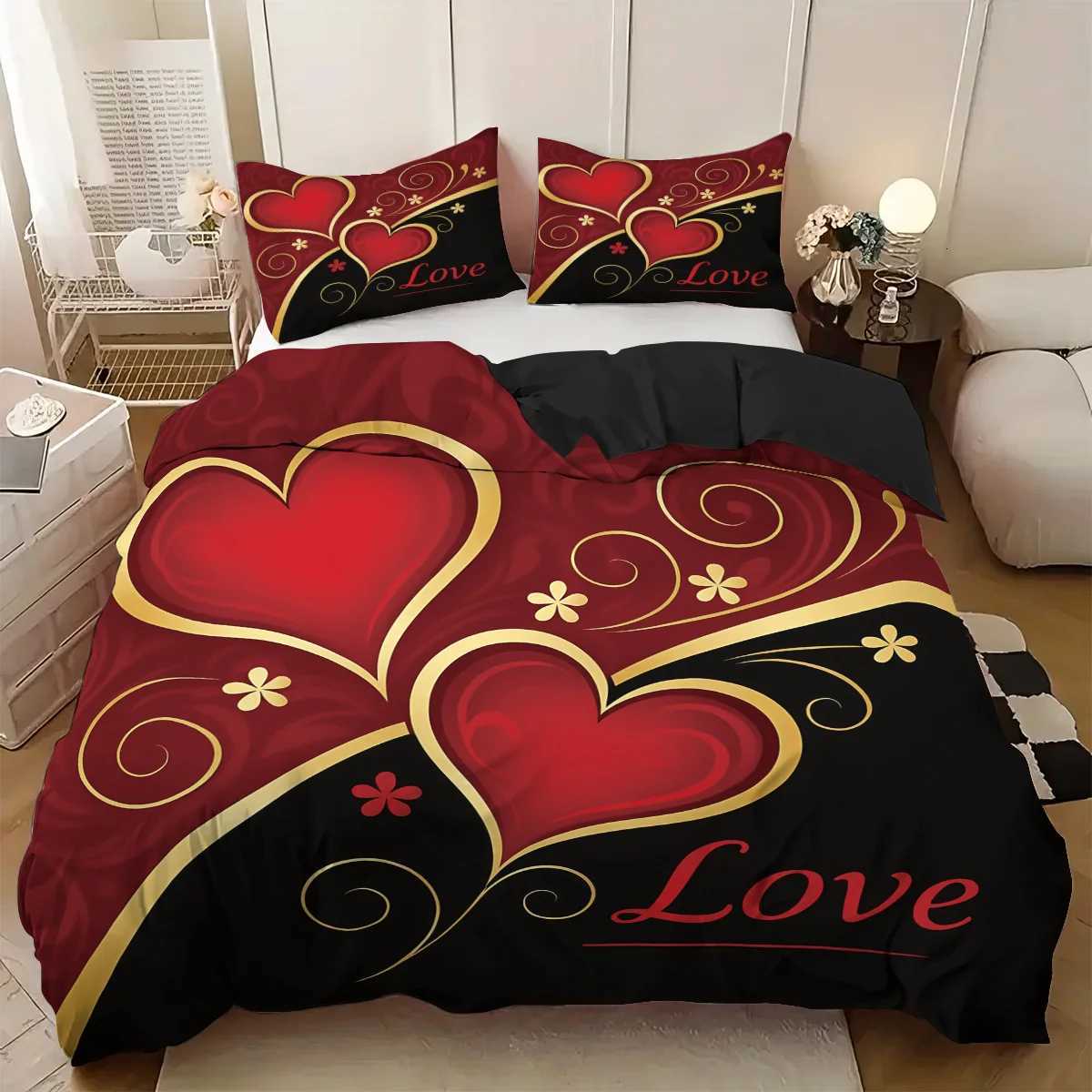 3pcs 1 duvet cover 2 cases coreless black and red Valentines Day heart Love design printed pattern bedding setM251118