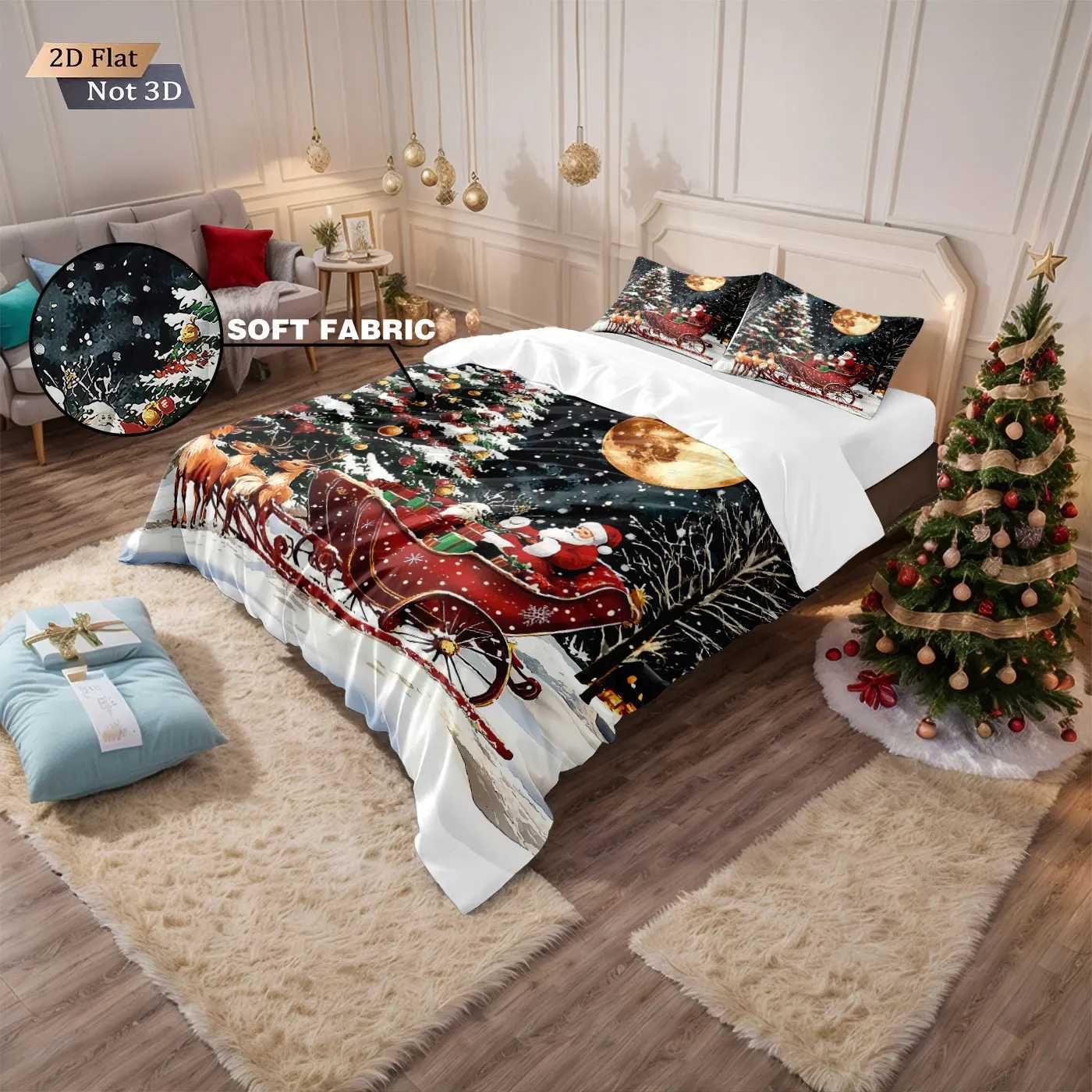 3pcs Santa Claus reindeer red print coreless duvet set multi size bedroom bedding holiday decoration soft machine washableM251118