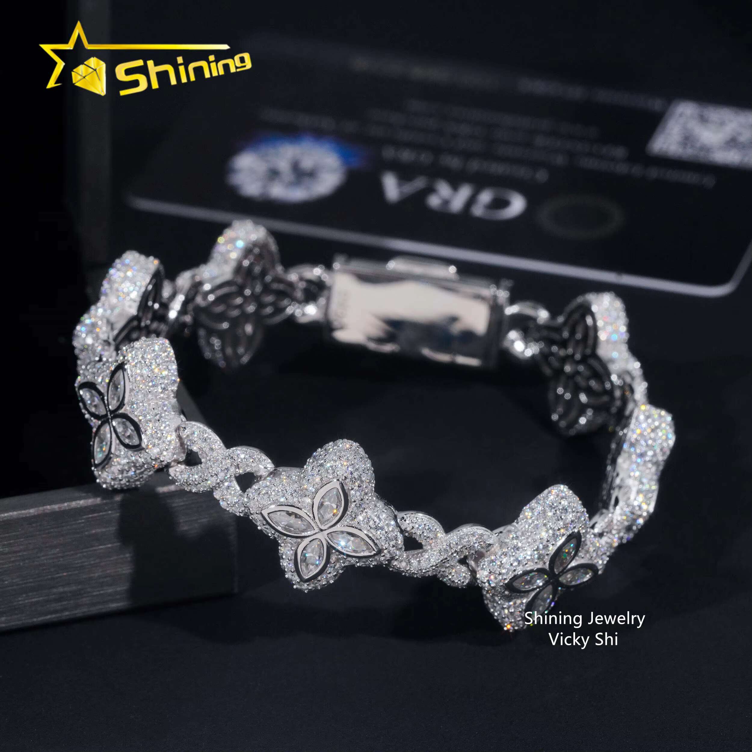 Hot Selling Men Popular Bracelets Sterling Sier Iced Out Hip Hop Infinity Clover Moissanite Cuban Bracelet