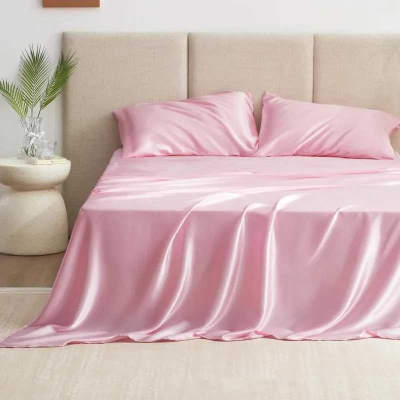 4 Piece Pink Silky Satin Bed Sheets Queen Set with Deep PocketM251118