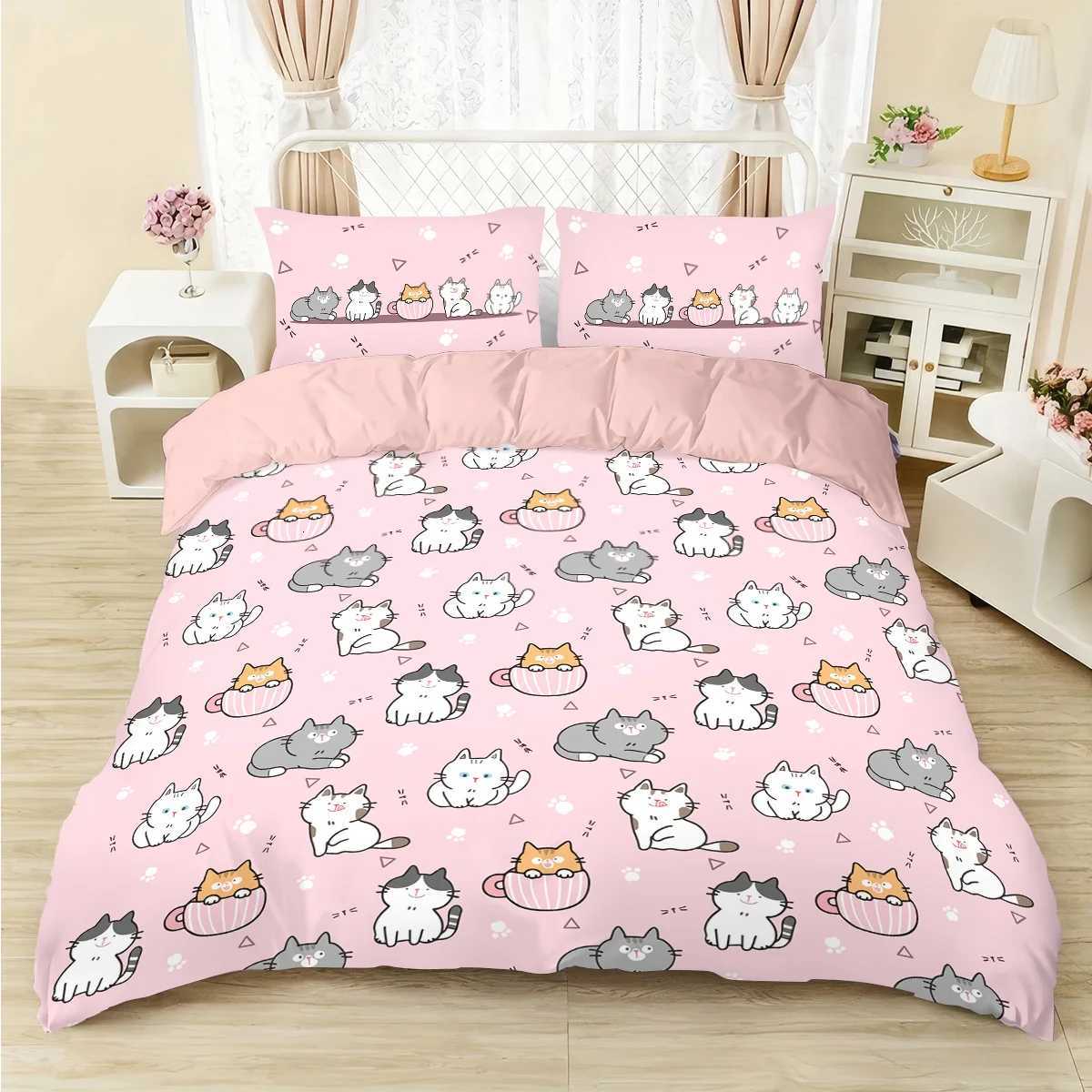 3pcs 1 duvet cover 2 cases coreless pink cute cartoon cat element printed bedding set soft and comfortableM251118