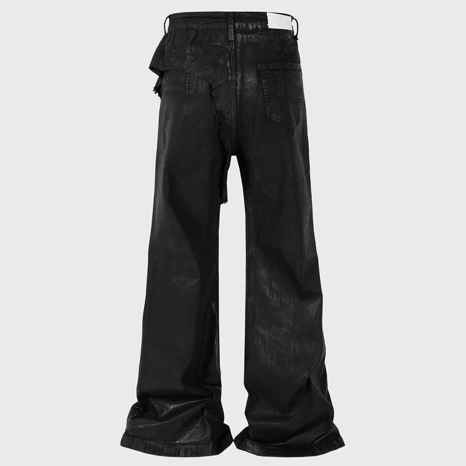 RO Style Flared Men's Hi Street Broken Patchwork Black Denim Pants Fashion Loose Jeans Trousers
