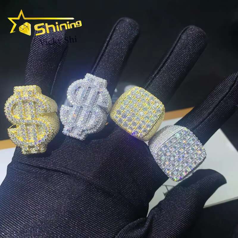 Rapper Hip Hop Jewelry S Sier Gold Plated Iced Out VVS Full Moissanite Ring Pass Dia Tester