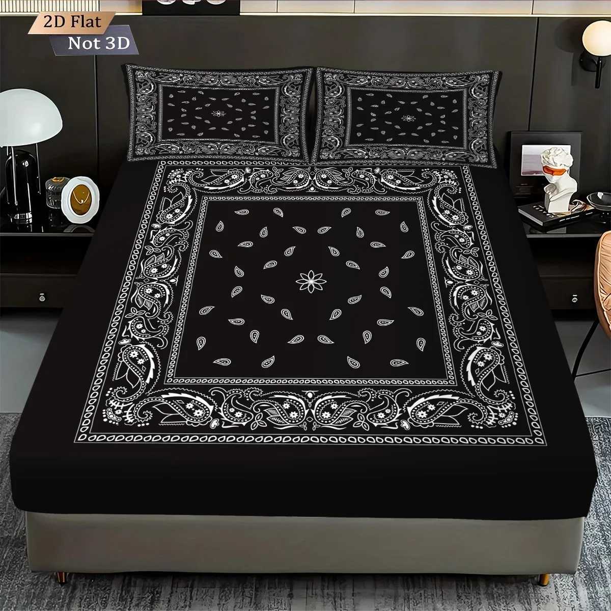 3pcs Retro Black Wave Pattern Print Coreless Bed Sheet Set Multiple Sizes Soft Bedcover Bedroom Bedding DecorationM251118