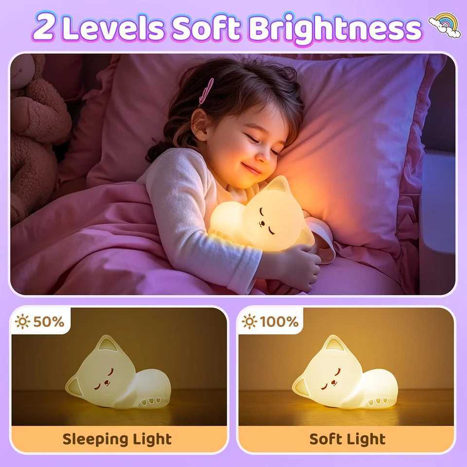 Soft Kitten Night Light Bedside Led For Bedroom Silicone Animal Lamp Room Decor Cartoon Decorative Table Lights Cat Rechargeable M251118