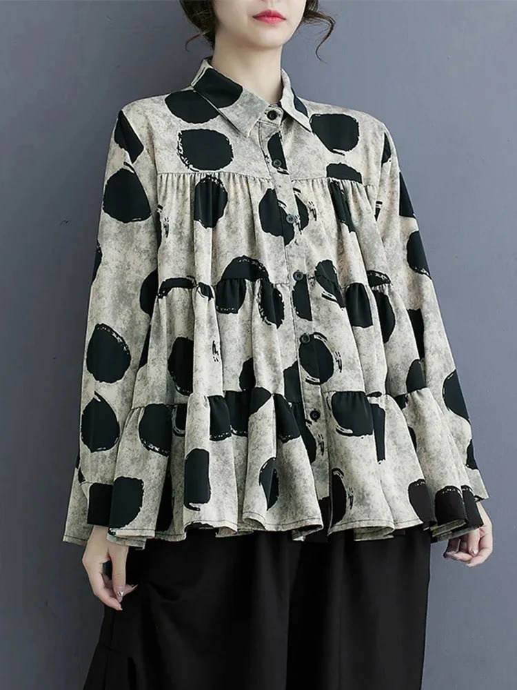 XITAO Loose Folds Print Dot Shirt Casual Single Breasted Women Spring Simplicity All-match Trend Street Wind Top DMJ3770 250417