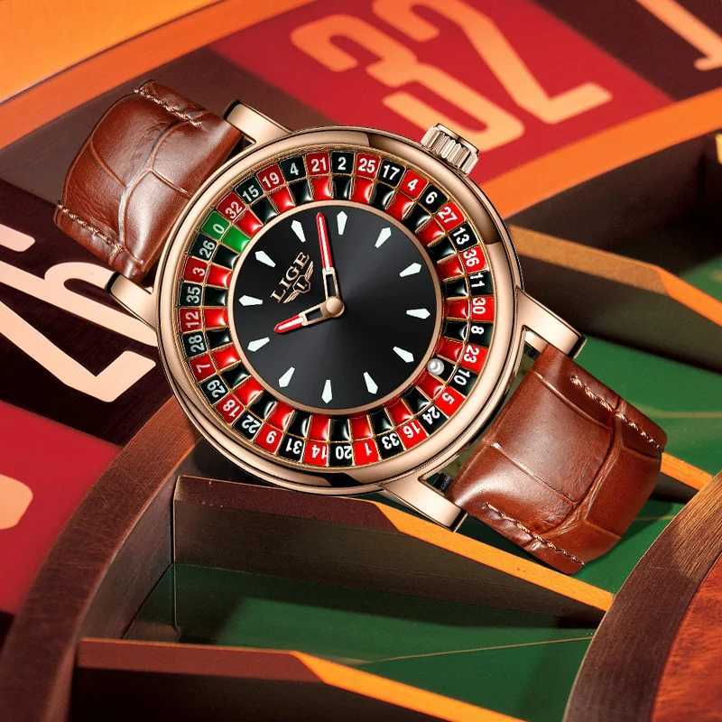 LIGE Russian roulette dial mens watch creative dial mens watch commercial leather luminous rotating lucky ball watch M250418
